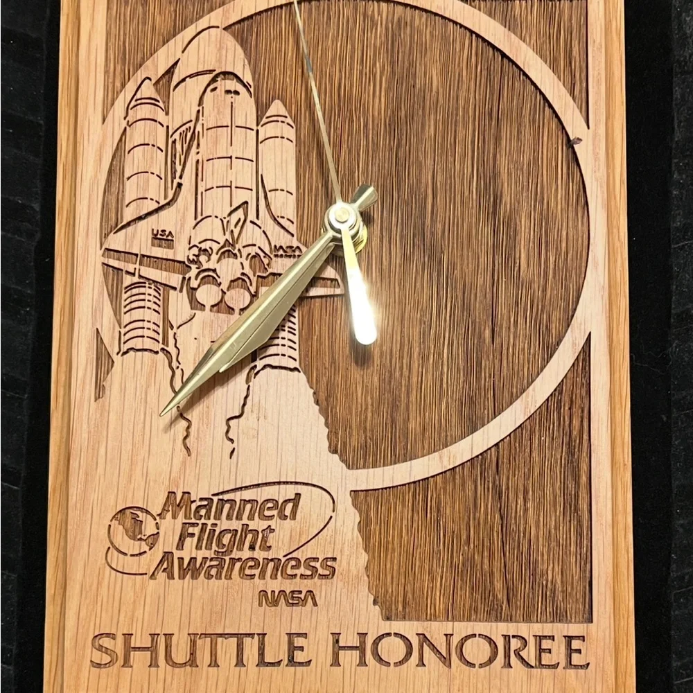 NASA Mannned Flight Awareness Wooden Shuttle Honoree Wall Clock Brown & Gold
